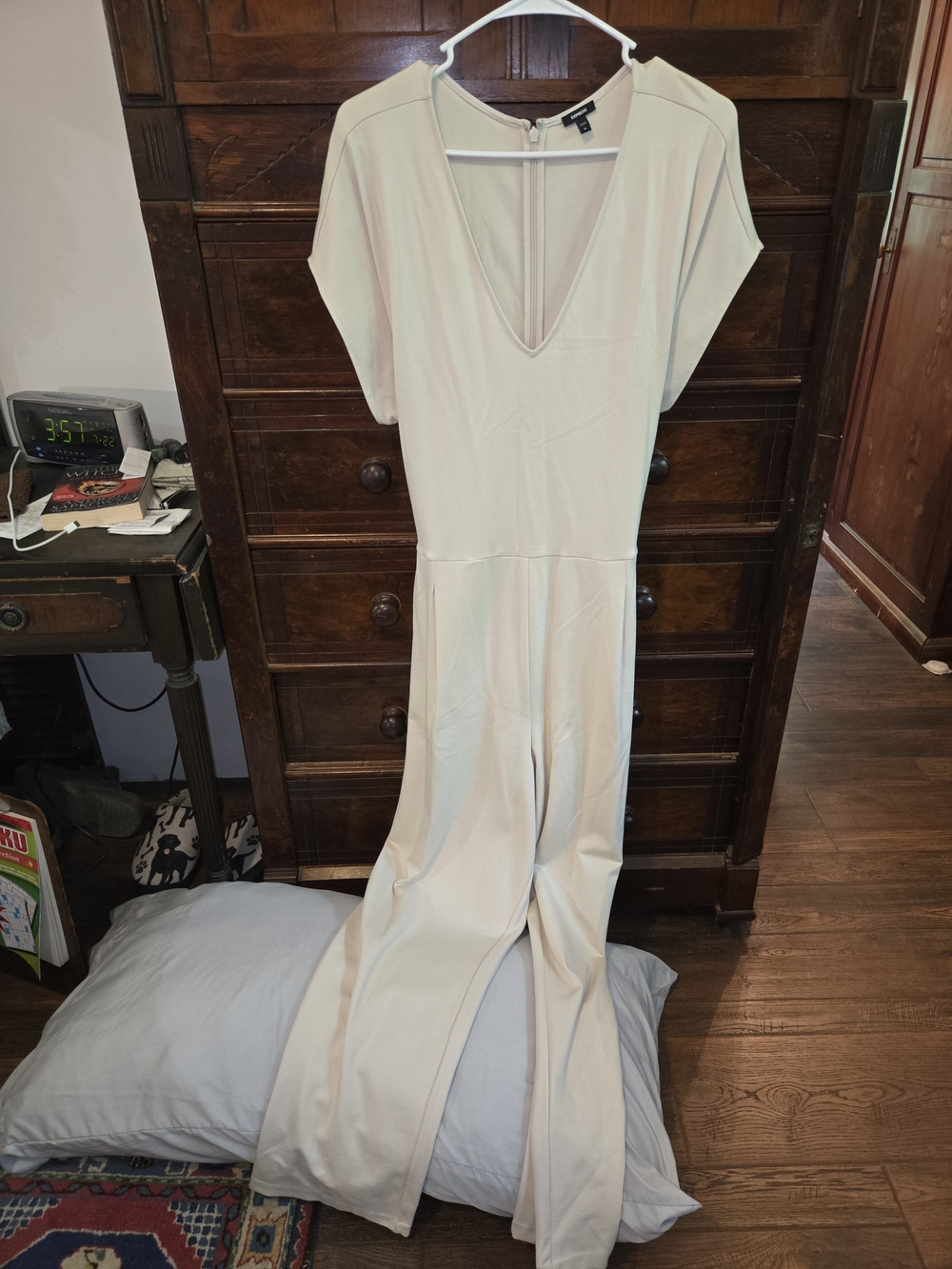 Express Cream V-Neck Wide-Leg Jumpsuit with tied belt